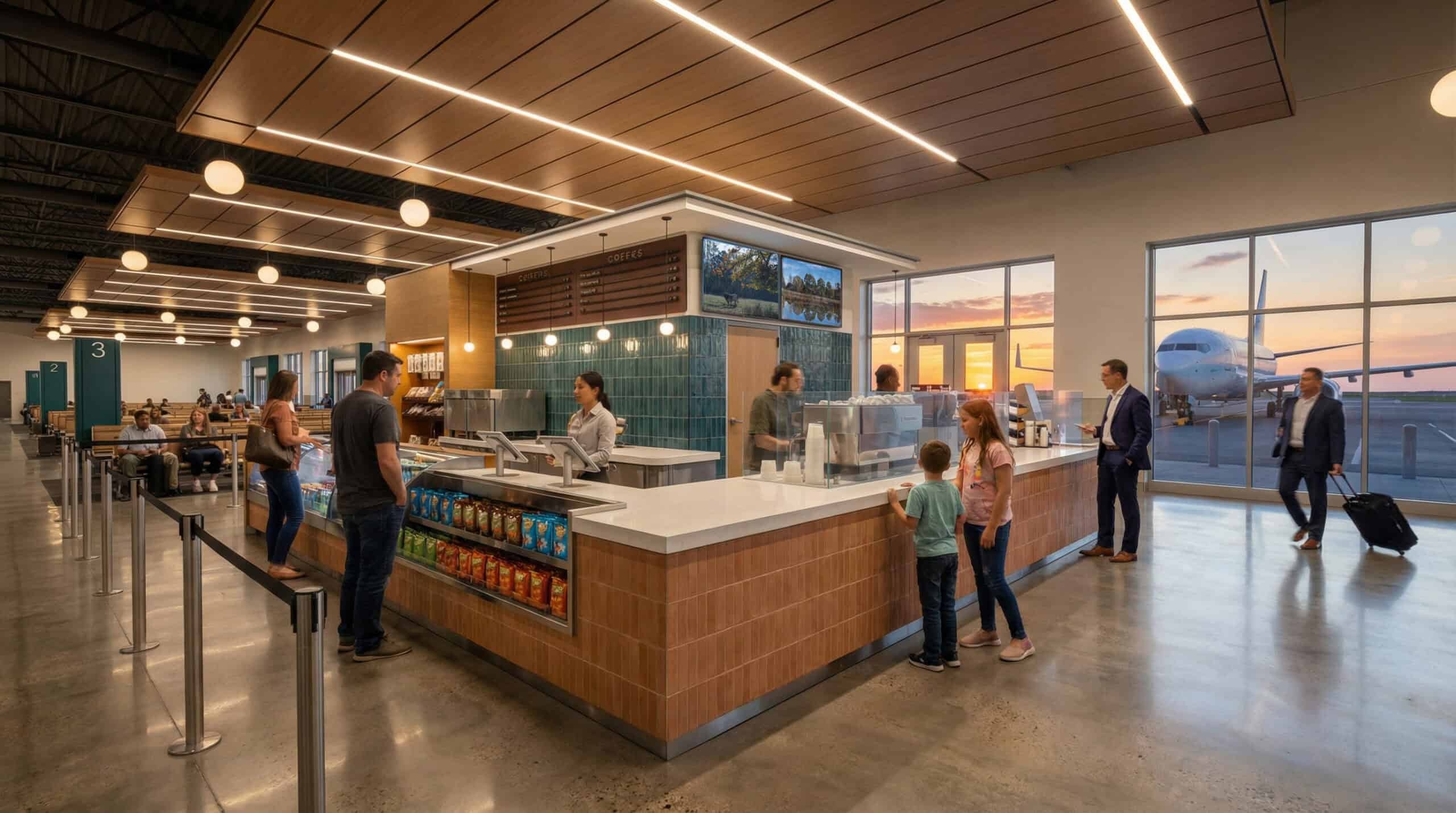 Travelers at McKinney National Airport's terminal concessions, with an aircraft visible on the tarmac at sunset
