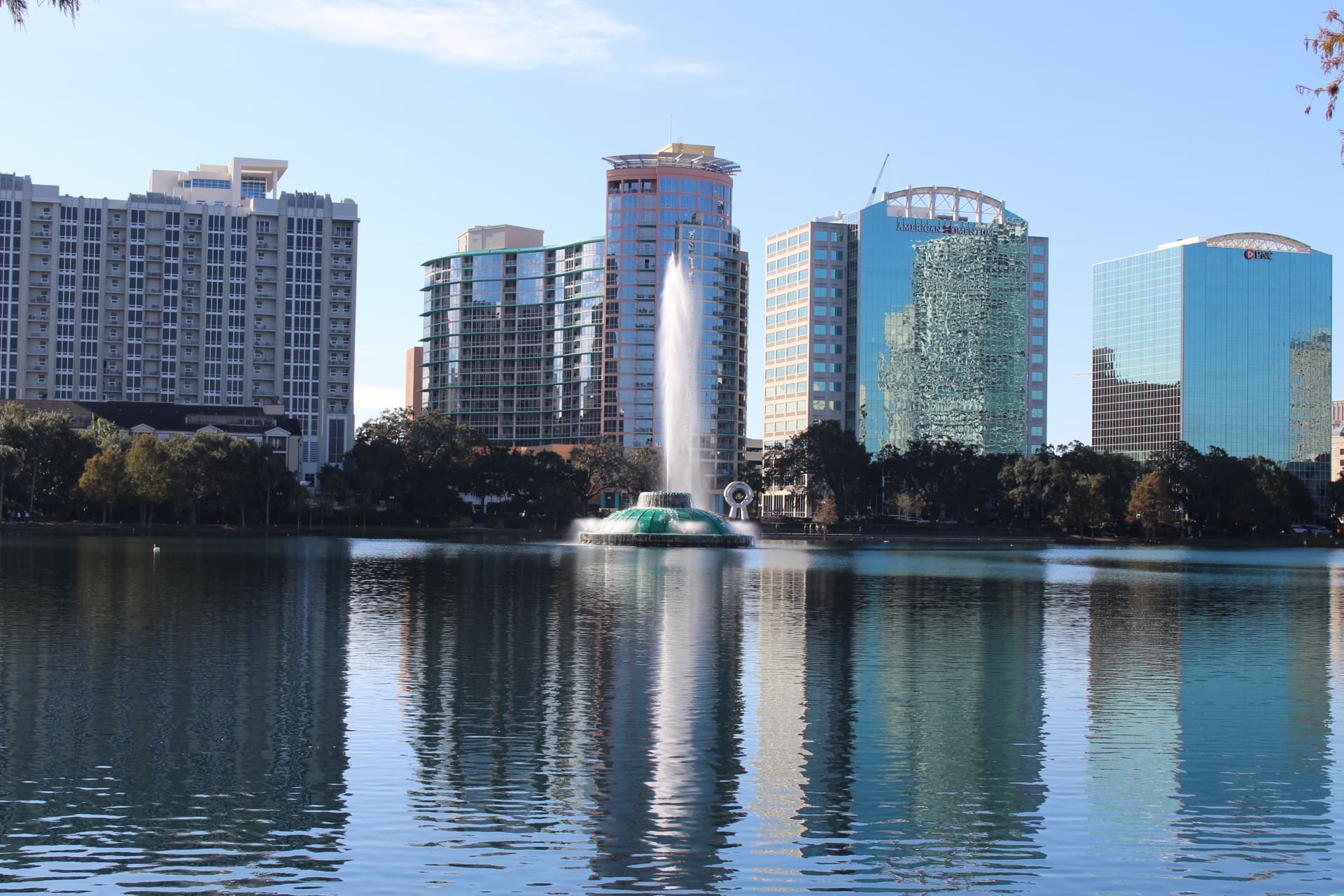 Lake Eola fountain and the downtown Orlando skyline
